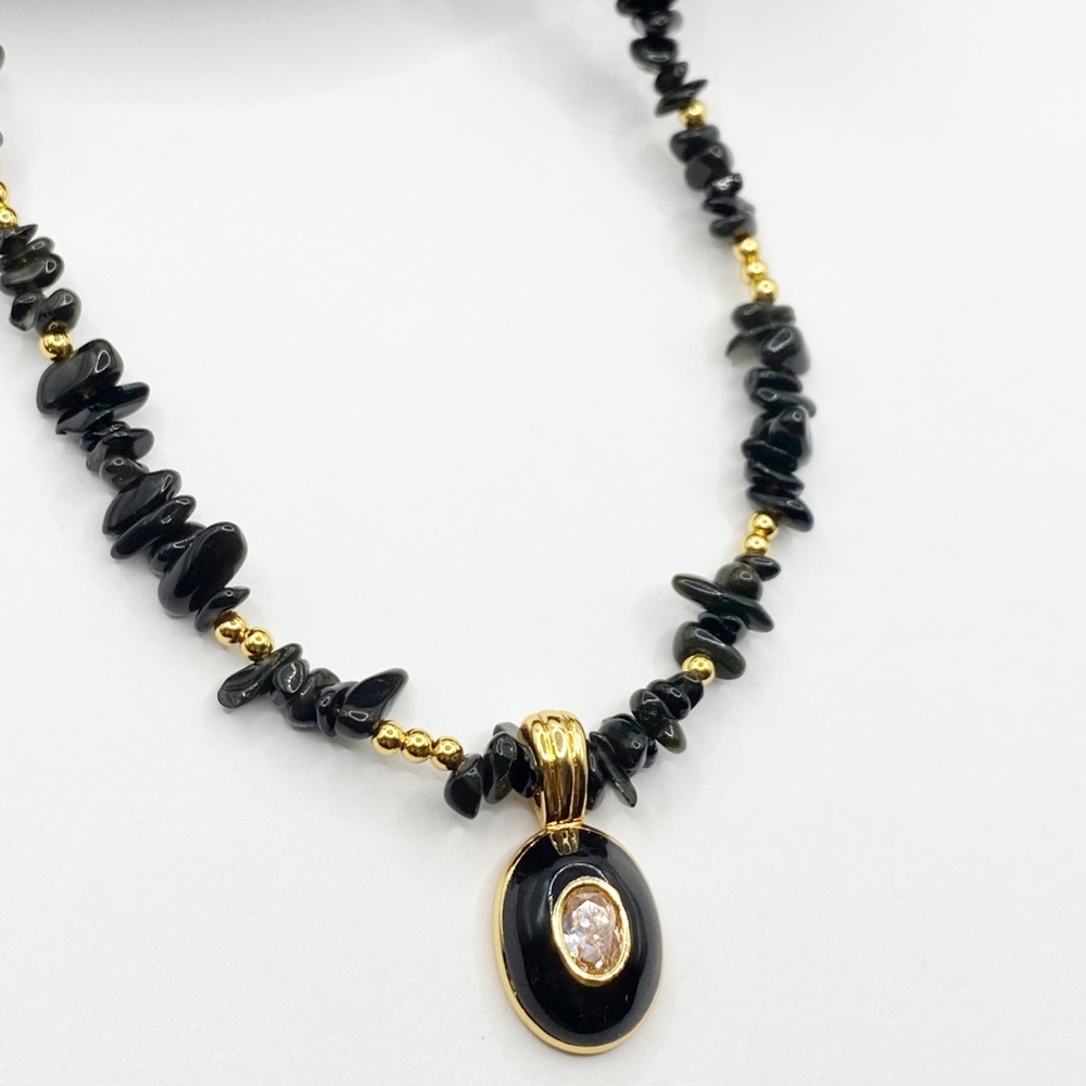 NEW Black Onyx Stone Bead Pink Pendant Necklace